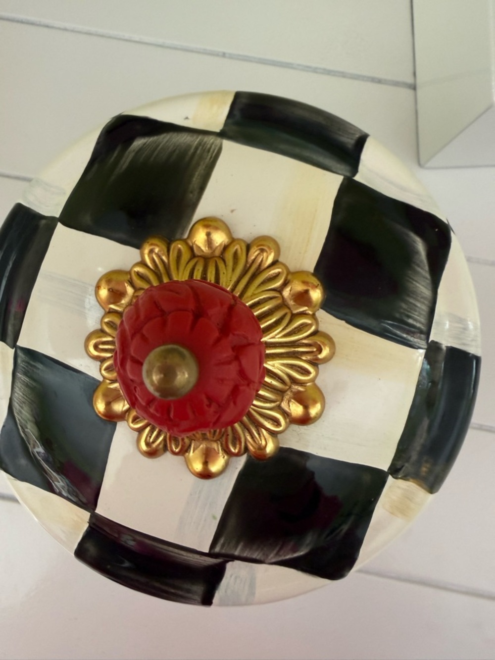 MacKenzie-Childs Black & White Check Lidded Jar with Gold Trim and Red Finial - Picture 5 of 6